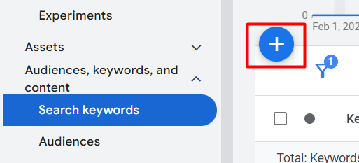 plus sign to add keywords in google ads