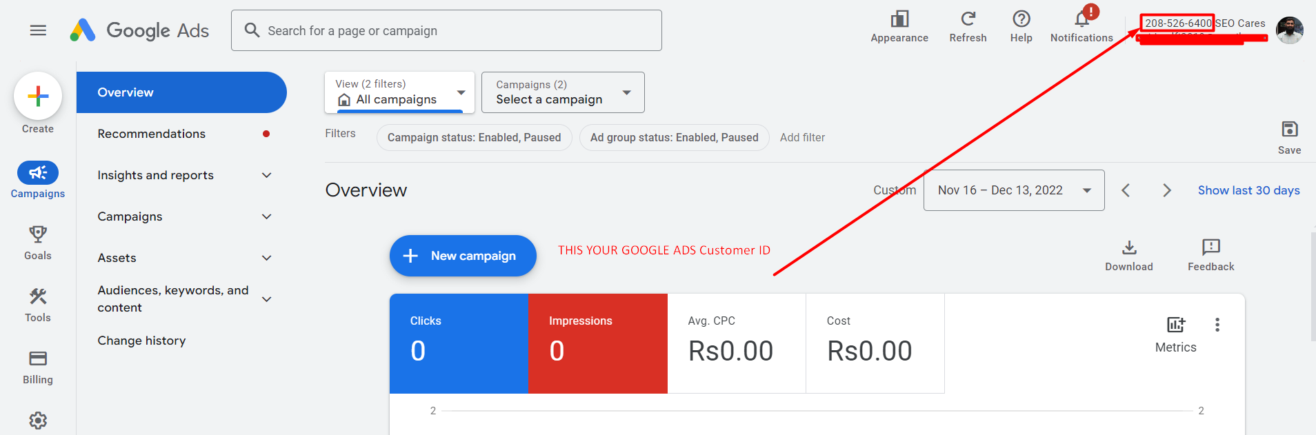 GOOGLE ADS Customer ID SCREENSHOT