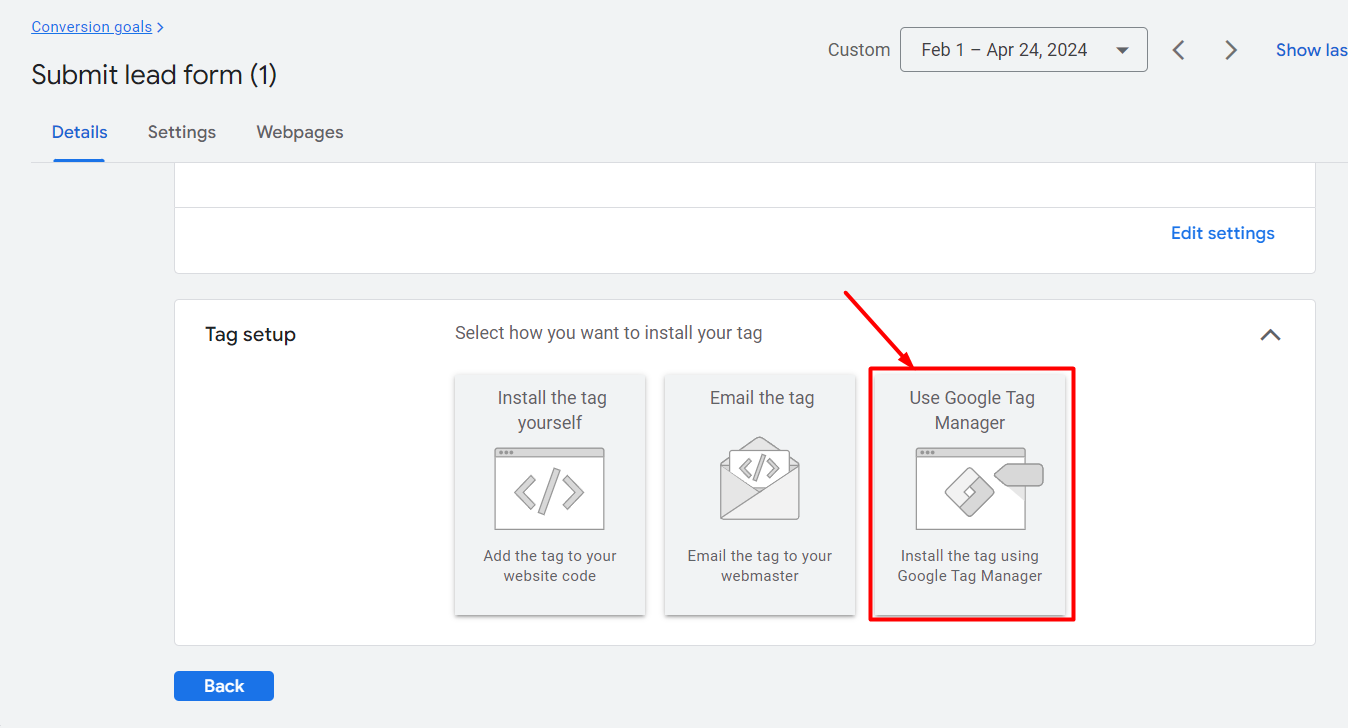 Use Google Tag Manager in google ads screenshot